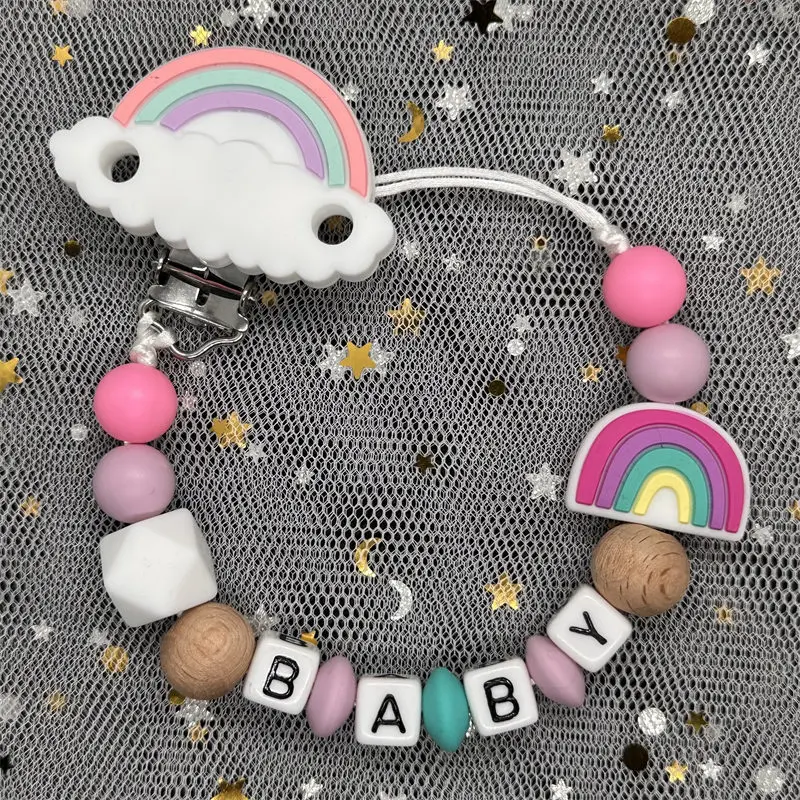 Personalized Name Pacifiers for babies Free Handmade Beech Wood Chain Silicone Rainbow Holder Baby Teether Toy Newborn Chew Gift