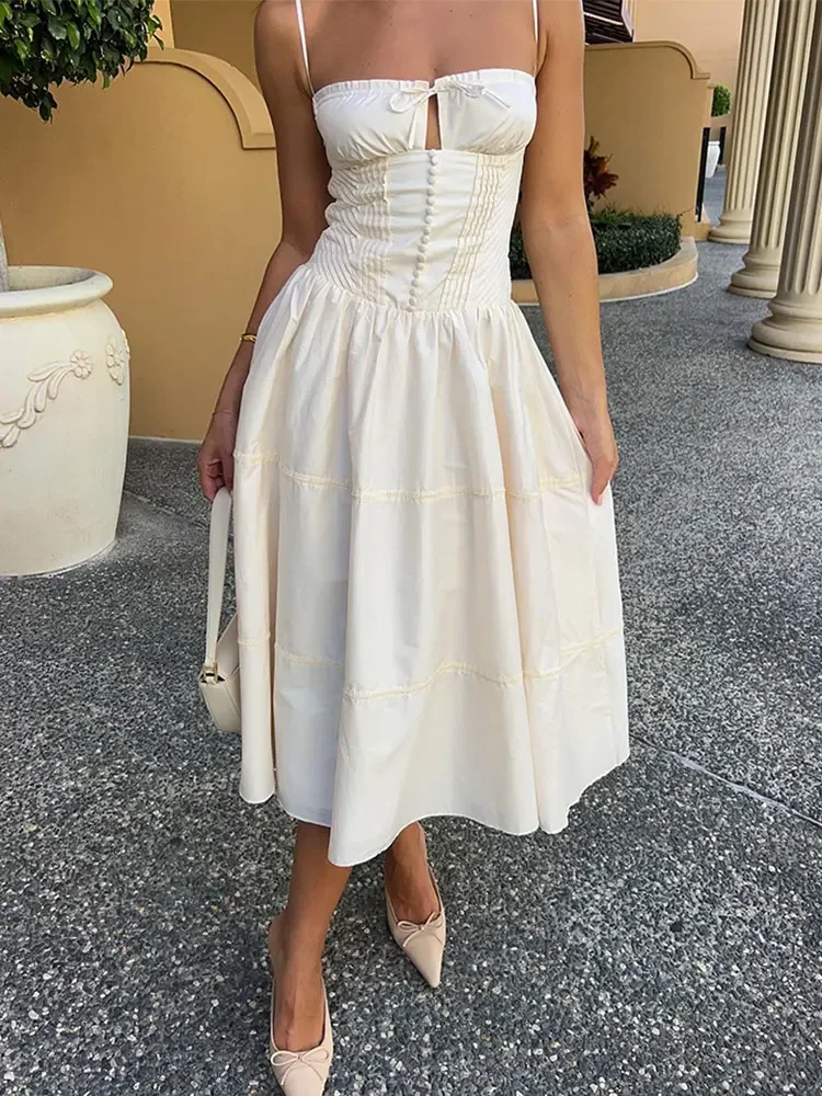 Elegant White Cut Out Sling Maxi Dress Women Fashion Backless Sleeveless Lace Up Bow Ruffles Dresses Summer Lady Chic Party Robe