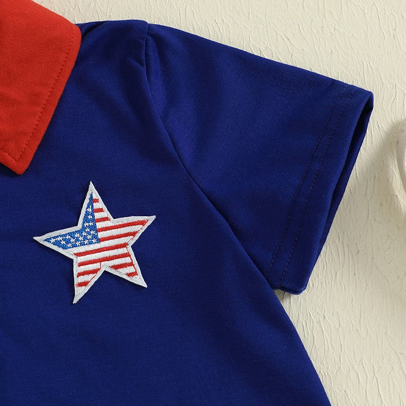 تي شيرت للأطفال الصغار في الرابع من يوليو بأكمام قصيرة وطية صدر مطرزة على شكل نجمة مع شورت منقوش بخصر مطاطي #6