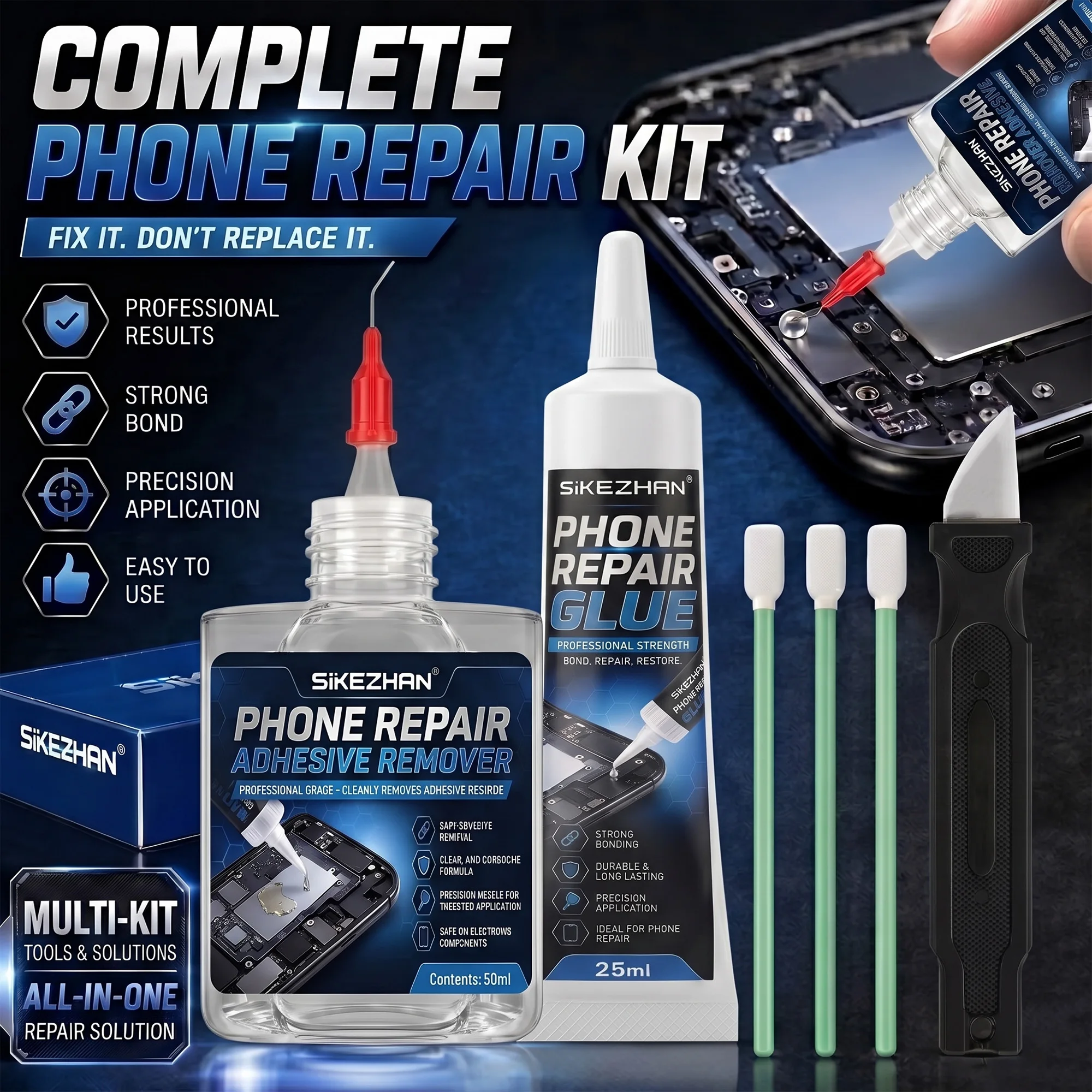 Professional Phone Repair Glue & Adhesive Remover Kit: 25ml Glue, 50ml Remover, Swabs, Opening Tool for DIY LCD Screen Fix