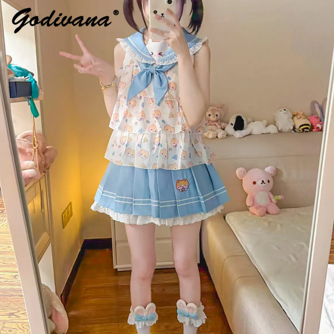 Original Little Girls Sleeveless Lolita Sets 2026 Summer Jk Style Cute Cartoon Print Top Tiered Skirt Sweet Students 2pcs Sets