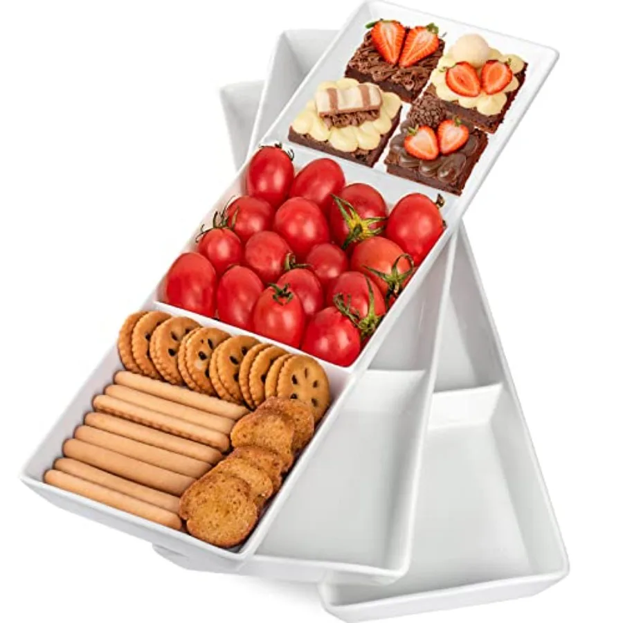

16 x 5 Ceramic 3Section Stackable Serving Tray Set of 3 with White Divided Compartments for Appetizers Snacks Desserts and Food