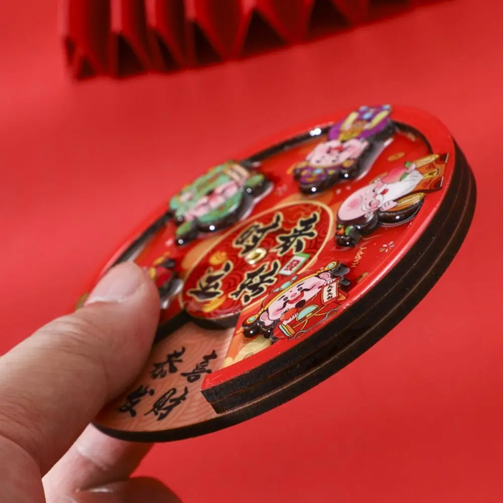 Chinese Turntable Refrigerator Magnets Woodwork Rotatable Wealth God Fridge Magnets Traditional Jubilant Refrigerator Magnets
