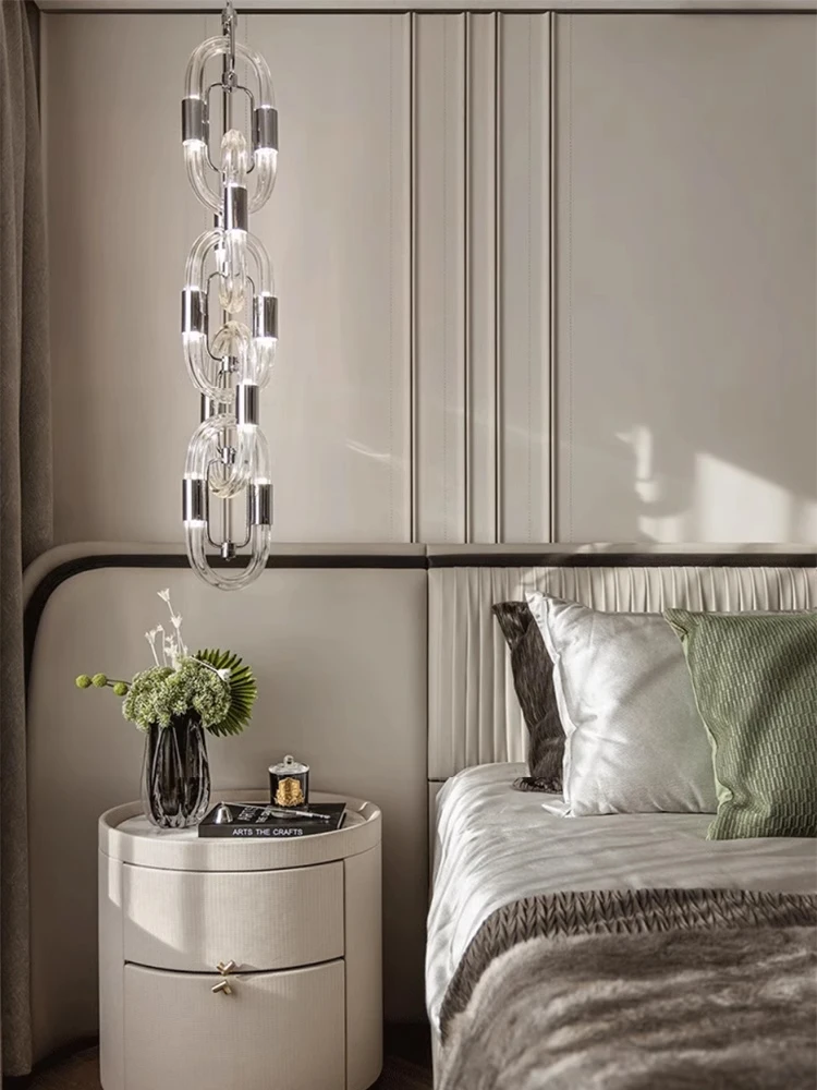 

Modern Pendant Chain Hanging Transparent lampshade chandelier, Shiny Chrome Hardware lustre Dimmable Ceiling for bedroom