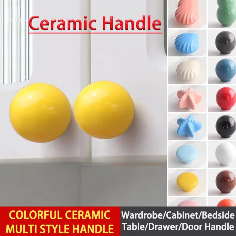 Cute Colorful Ceramic Door Handles Round Cabinet Knobs Cupboard Drawer Wardrobe Pull Knob Furniture Candy Color Accessories Red