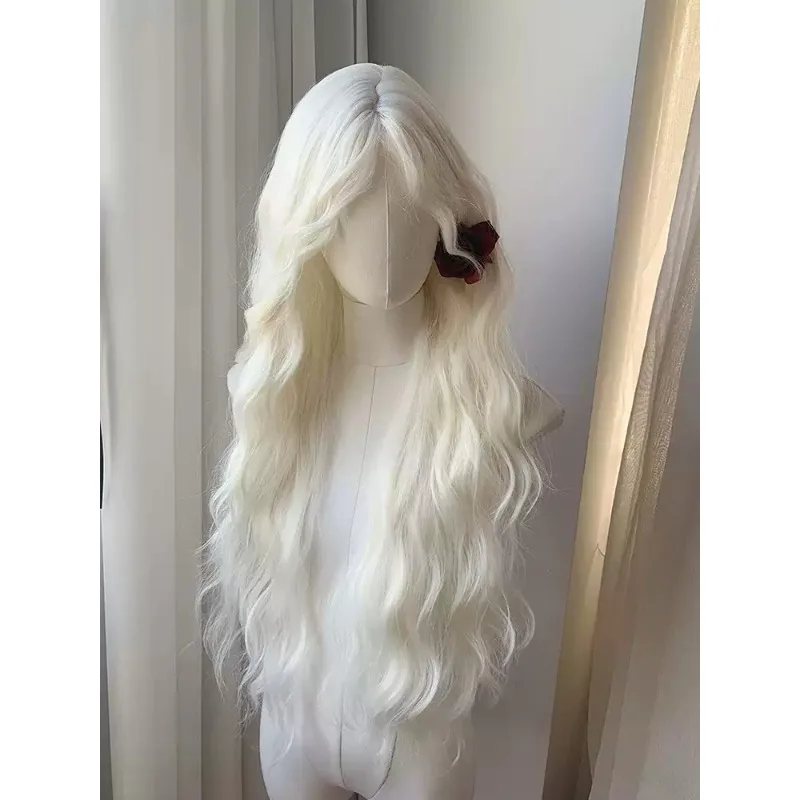 Super Long Wavy Curly Wig Cream White Off White Wool Curls Lolita Forest Style Synthetic Hair Wig for Cosplay Halloween