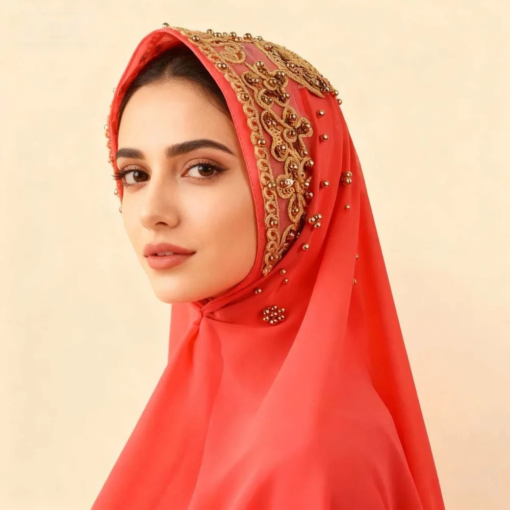 

Elegant Silk Pearl Chiffon Hijab Scarf Gold Beads Embroidery Islamic Turban Bandana Ethnic Style Women Headscarf Eid al-Fitr