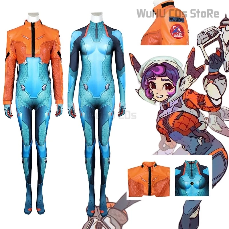 Overwatch2 Cosplay Juno Cosplay Costume Leather Coat Jumpsuit Outfit Elastic Bodysuit Full Set Shoes Women Halloween Roleplay