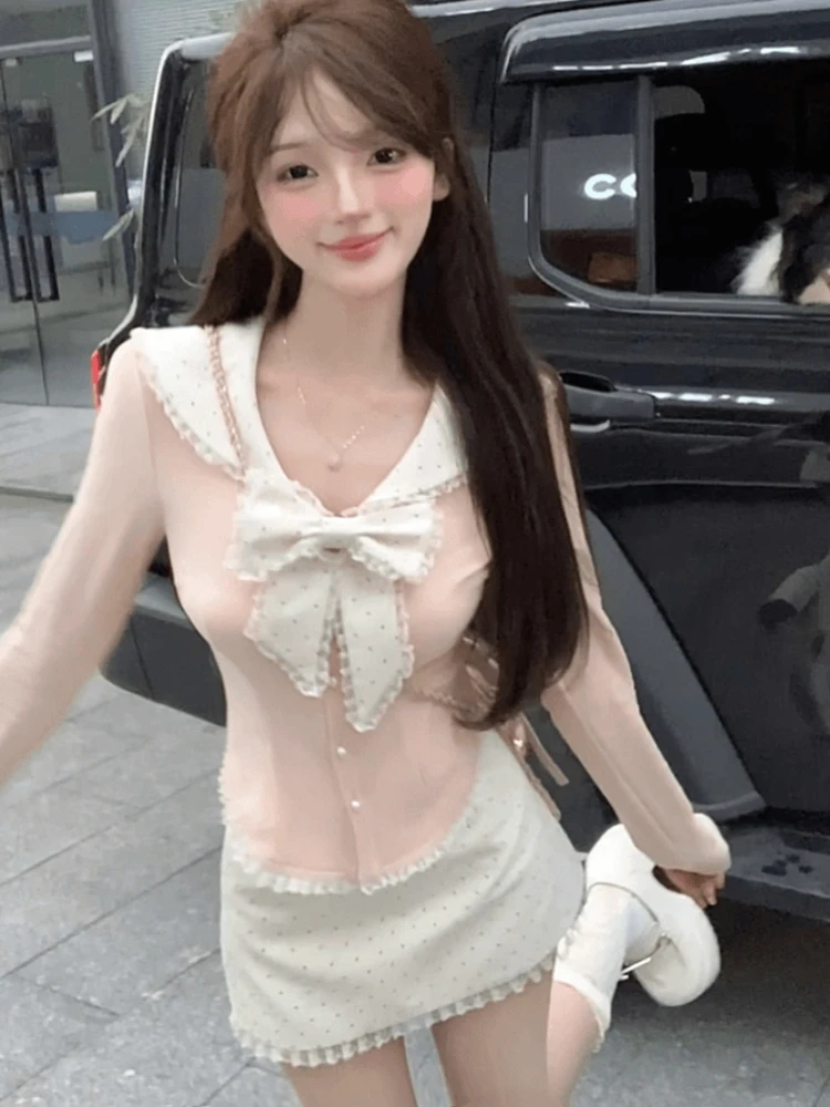 الخريف كلية نمط لوليتا المرأة قطعتين مجموعة الحلو الفرنسية Y2k مجموعة القوس بلوزات بأكمام طويلة + البولكا نقطة تنورة صغيرة الزي 2025 #6