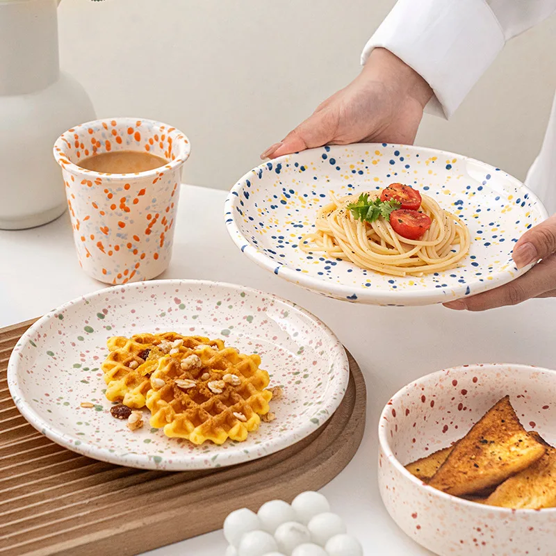 Korean Style Minimalist Tableware Splashed Ink Plates Bowls Cups Ceramic Steak Plates Household Utensils Kitchen Supplies