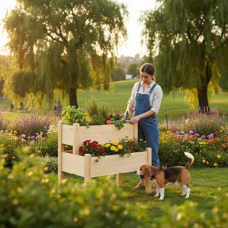 

2-Tier Elevated Wood Planter Box 34"x34"x28" For Backyard Patio Balcony, Fir Wood Structure Open Bottom Design Natural Finish