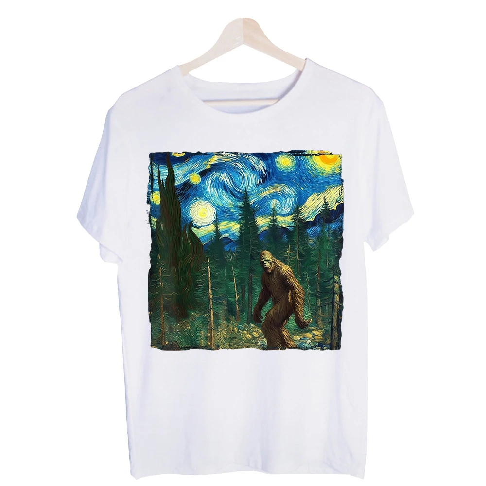 Men's Starry Night Bigfoot Graphic Tee, Short Sleeve Artistic Print T-Shirt for Casual Streetwear and Outdoor Outfits