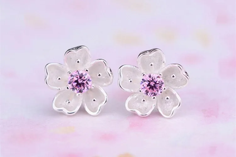 Silver 925 Jewelry Sterling Silver Earrings Cherry Blossom Inlaid Pink Zirconia Ear Studs Simple and Popular Earrings for Women