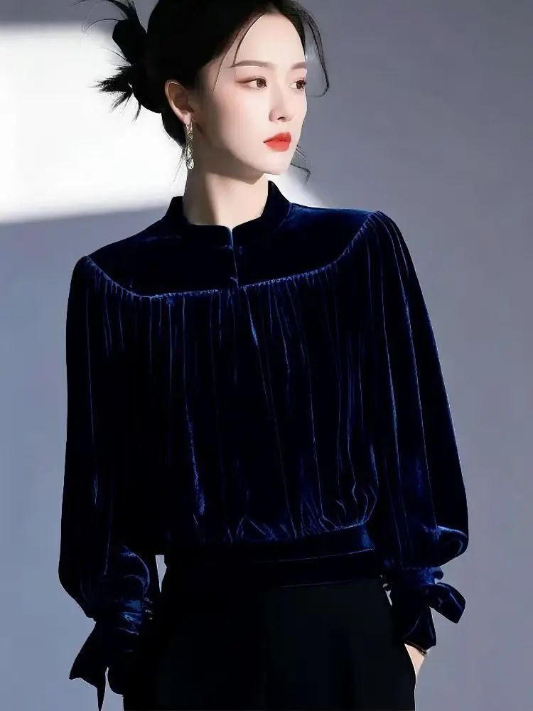 

Long Sleeve Loose Fit round Neck Lantern Sleeve Top Women's Shirt Stand Collar Full Length Button up Spring Fashion TT268