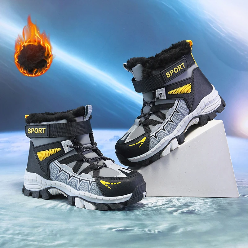 

Зимние бархатные детские зимние ботинки, теплые плюшевые ботинки, высокие походные туфли, хлопковая обувь для мальчиков, уличная нескользящая детская спортивная обувь