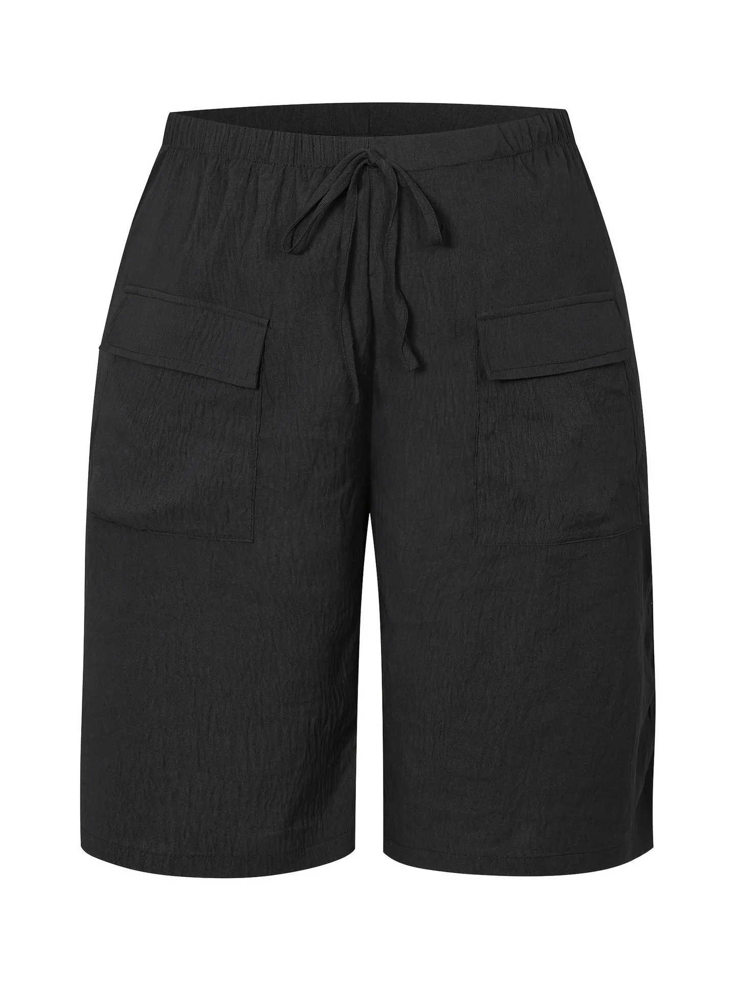 2026 New Summer Autumn Knee Length Drawstring Elastic High Waist Short Style Women's Pockets Casual Solid Color Shorts Pants