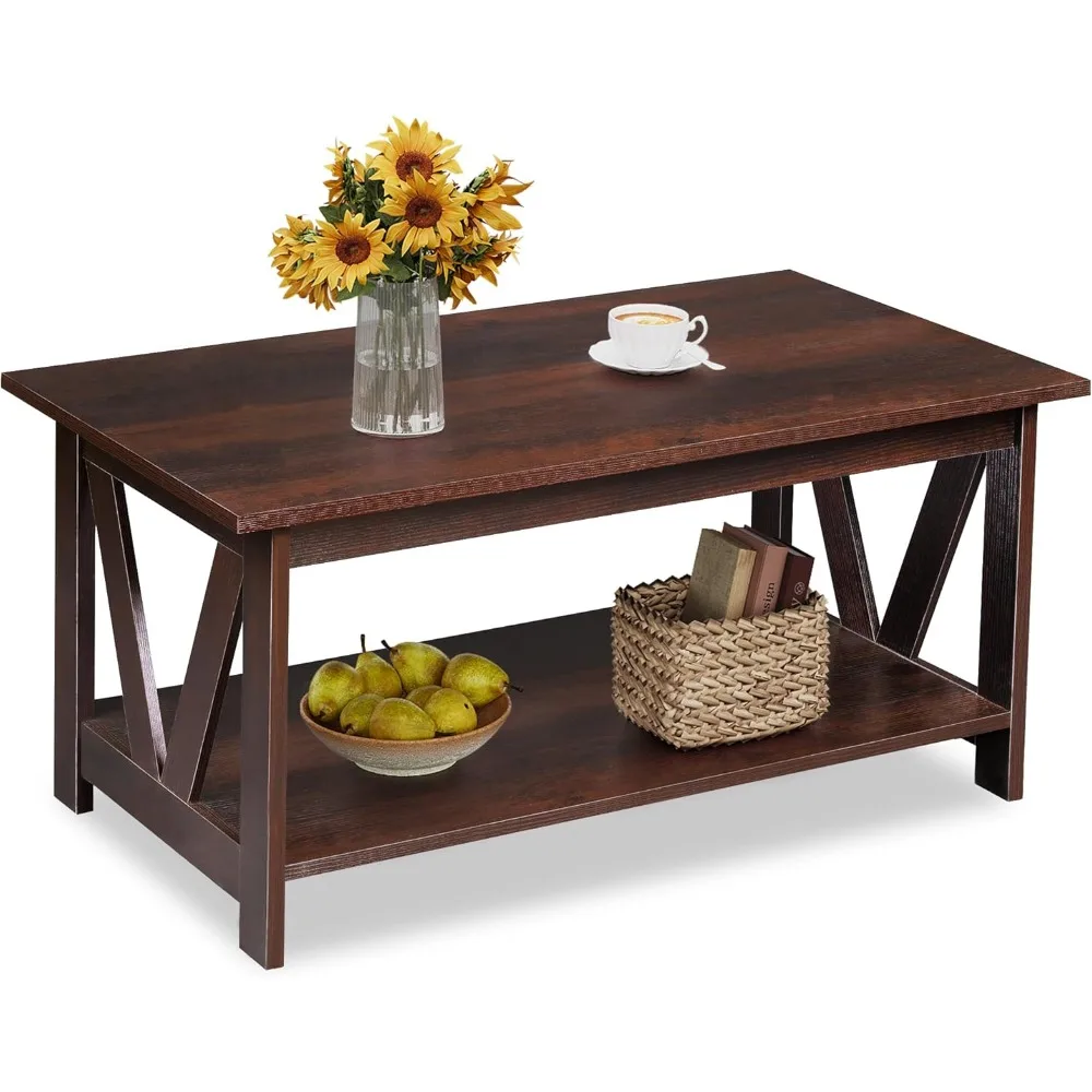 

Coffee Table with Storage Shelf, 39.4" Farmhouse Coffee Table with V-Frame Support, 2-Tier Wood Rustic Center Table for Living