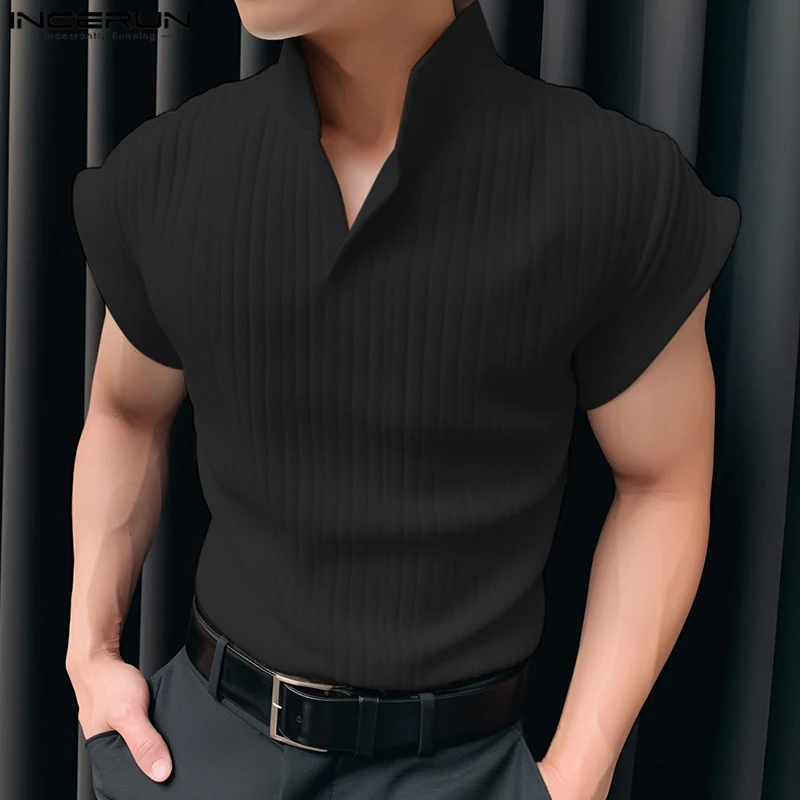 INCERUN 남성 티셔츠 니트 솔리드 컬러 라펠 반팔 캐주얼 남성 의류 여름 스트릿웨어 2025 패션 티탑스 S-5XL