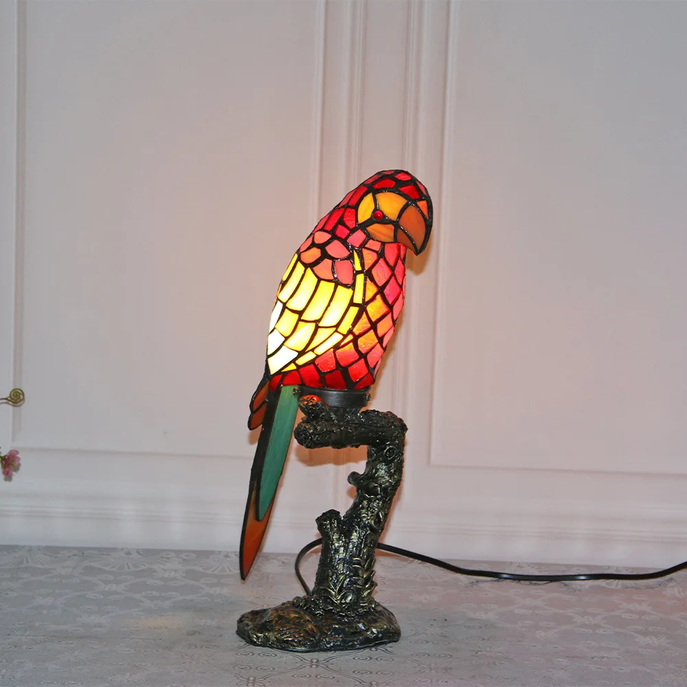 Tiffany Parrot Table Lamps Bedroom Vintage Stained Glass Bird Desk Lamp Bedside Living Room Decor Reading Night Light Fixtures