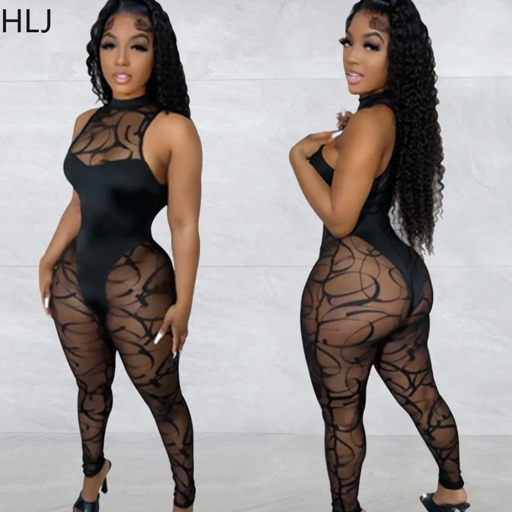 

HLJ Black Sexy Mesh Perspective Bodycon Nightclub Jumpsuits Women Round Neck Sleeveless Slim Playsuits Female Overalls 2024 New