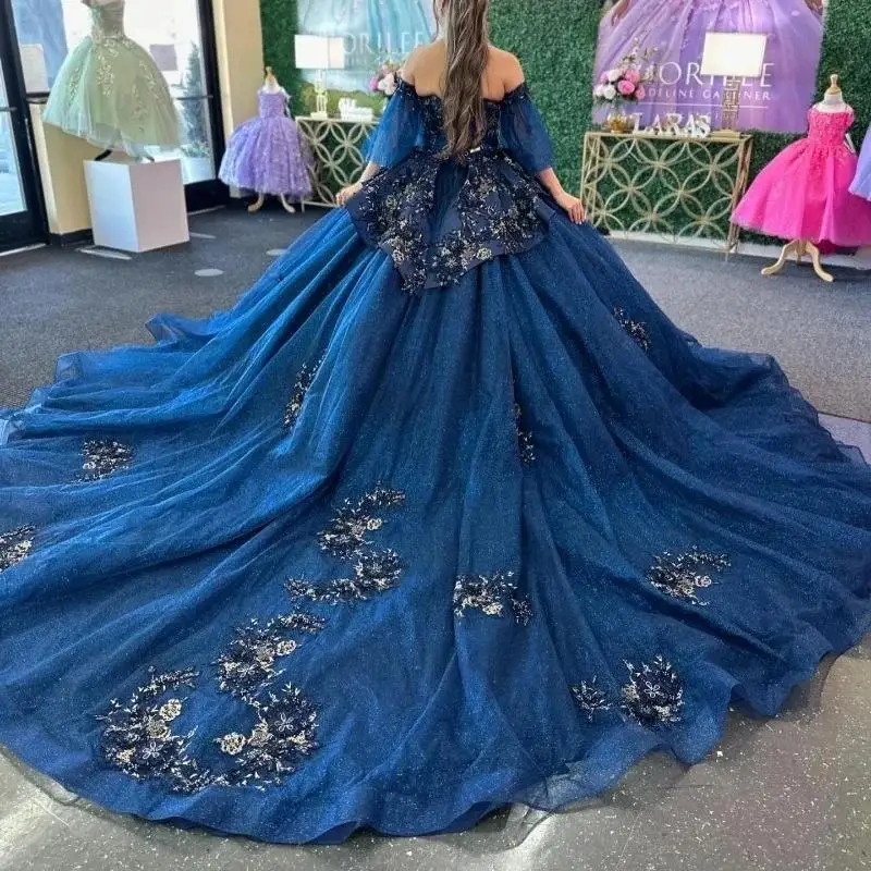 Personalizado brilhante azul marinho fora do ombro vestido de baile quinceanera vestidos doce 16 princesa apliques rendas contas vestidos de baile