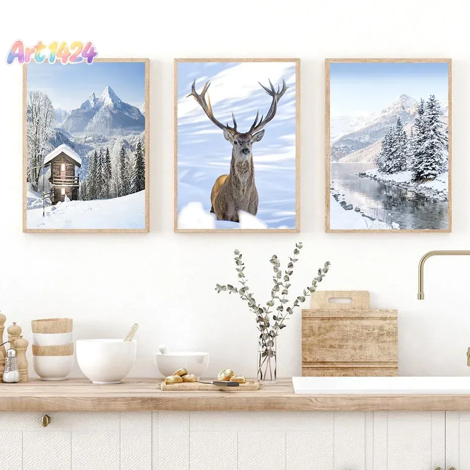 Snow Deer Mountain Lake Forest House Winter Landscape Wall Art Aesthetics Print Canvas Painting Posters for Modern Home Decor