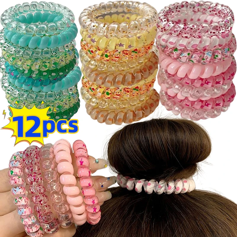 

6/12PCS Colorful Transparent Hair Ties Elastic Plastic Hair Band Rubber Telephone Cord Scrunchies Hair Accessories Headwear