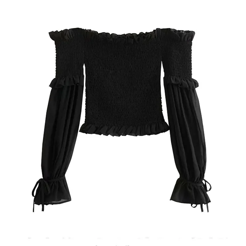 2024 Spring Fashion Women Long Sleeve Off Shoulder Cropped Tops Solid Color Pleated Bow Blouse Ladies Shirt Lace Up Corset 12813