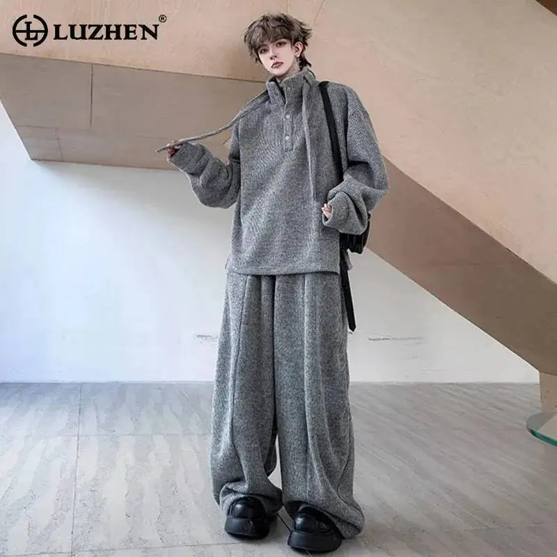 LUZHEN 2025 Autumn New Fleece Two-piece Sets Men Solid Color High Quality Loose Casual Pants Ribbon Decorate Sweatshirt JY4855