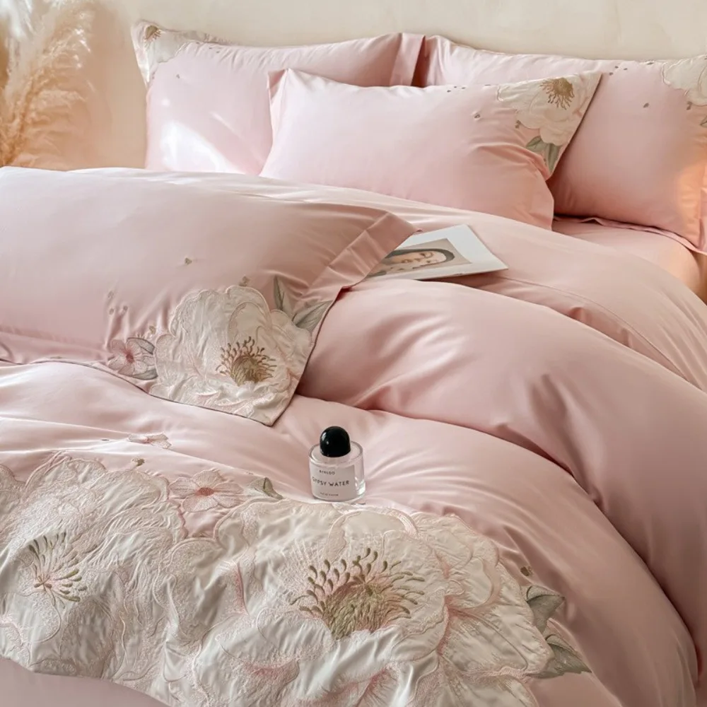 Class A High-end Long-staple Cotton Four-piece Set Flower Embroidery Quilt Cover Flat/Fitted Bed Sheet Pillowcase Bedding Set