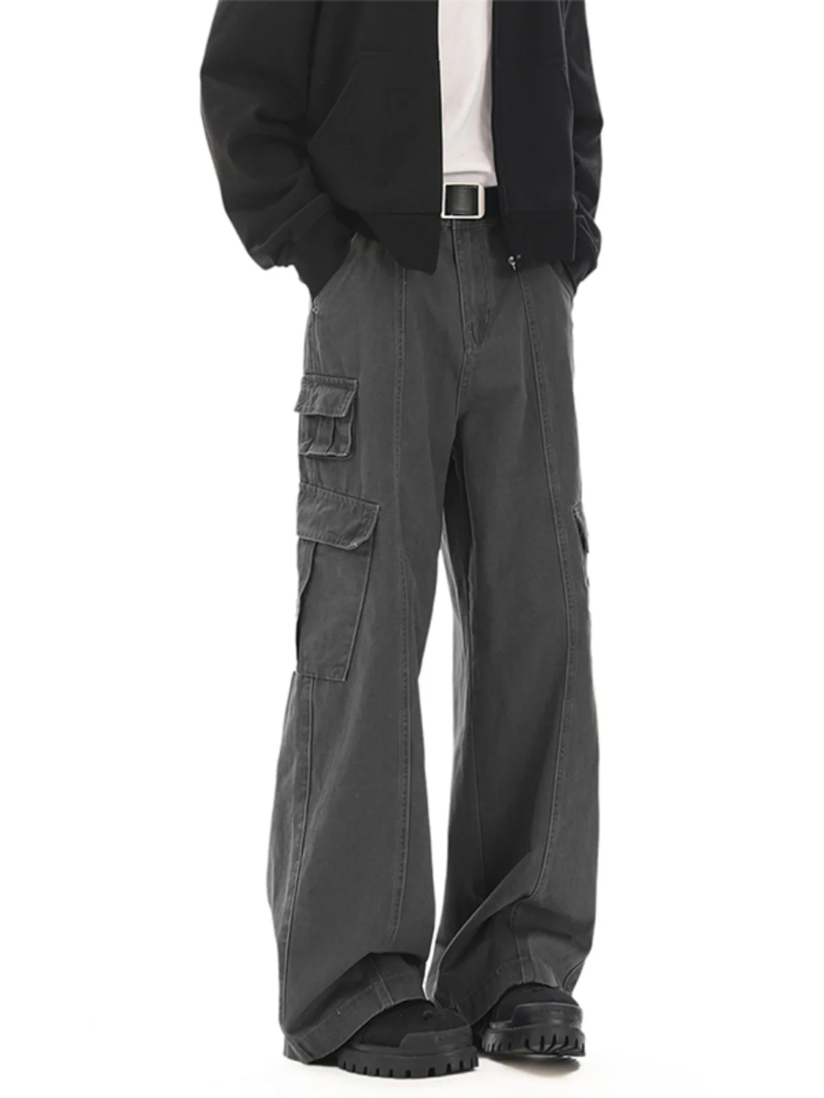 

Мужские брюки American Sle Wide Leg Workwear: свободные прямые брюки для весны и осени, в стиле High Street, с множеством карманов, повседневные.