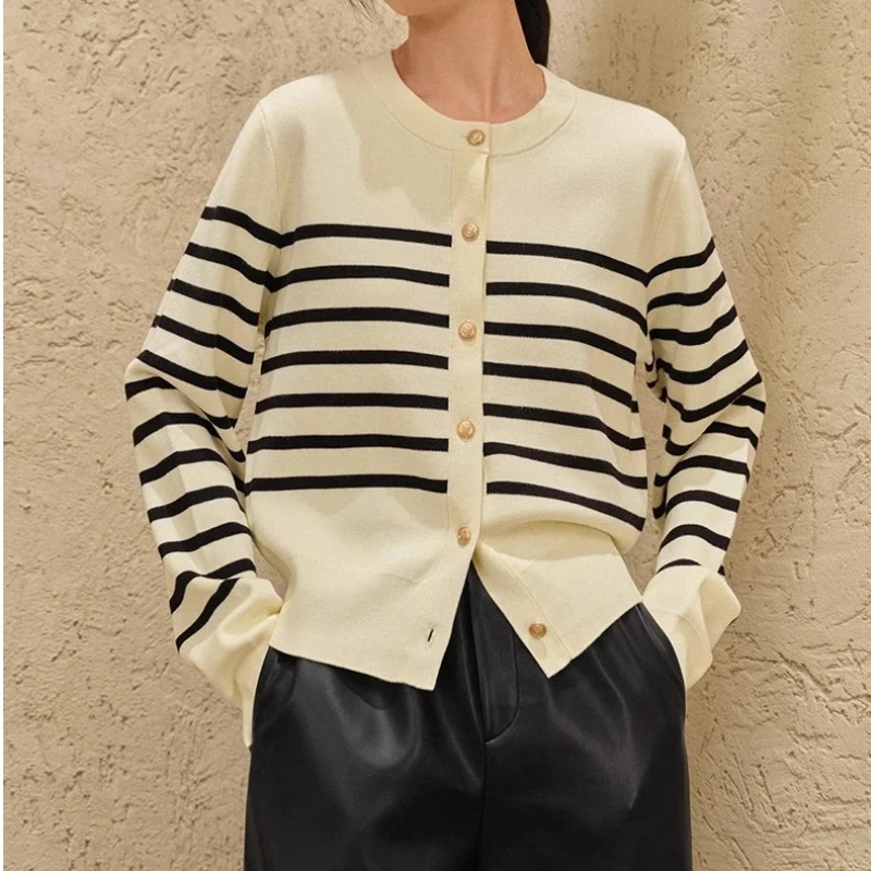 

Women's Striped Cardigan Sweaters Round Neck Button Down Long Sleeve Open Front Ribbed Knit Outerwear Fashion Y2k Fall Outfits