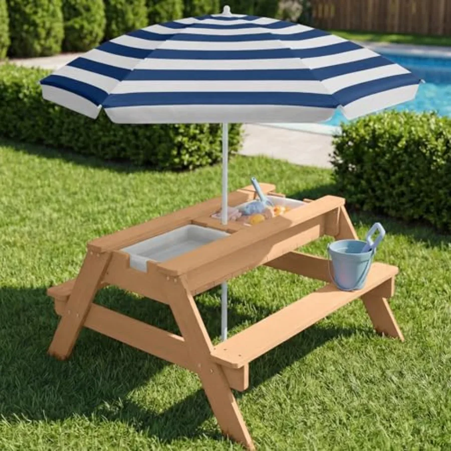 Outdoor kids picnic table with umbrella, 3-in-1 sand water table, navy blue plastic, seats 4, removable top, includes 2 buckets