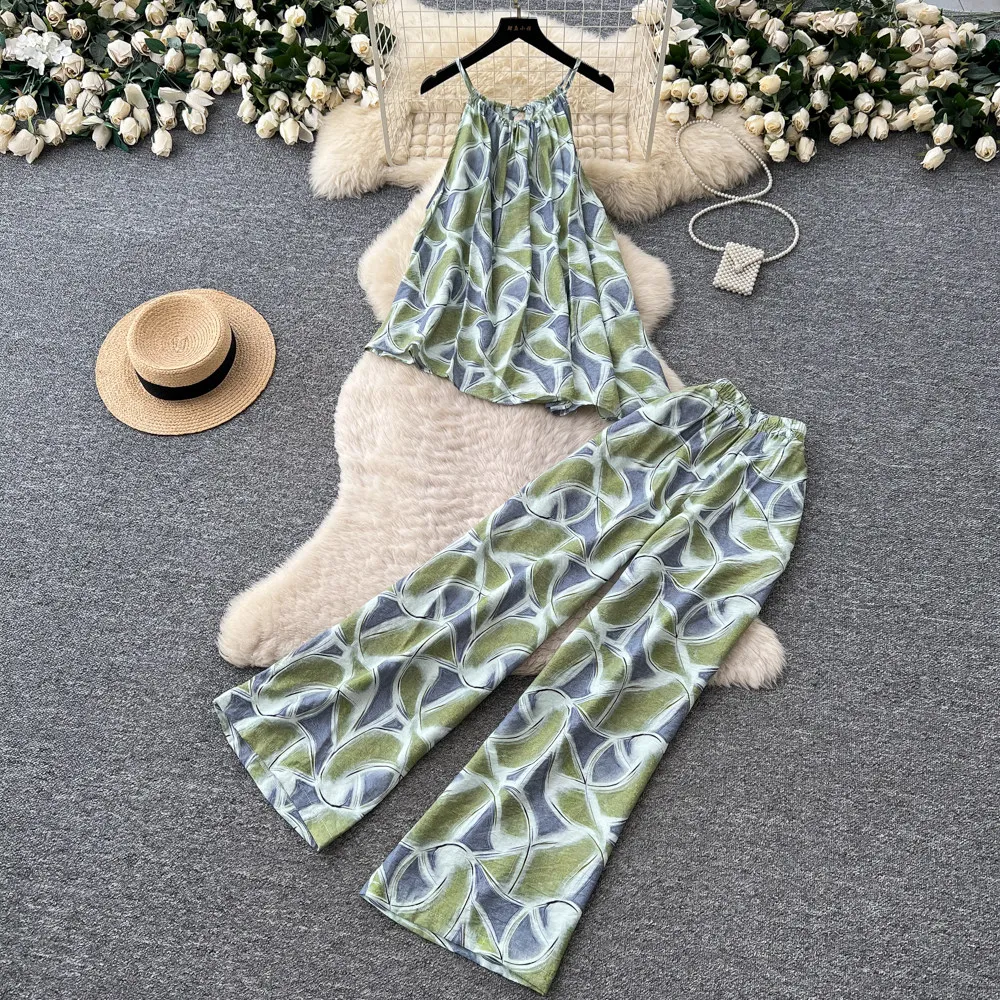 Women Summer Two Piece Set Floral Print Camisole Top Wide Leg Pants Loose Casual Lounge Wear Boho Holiday Outfits Matching Sets