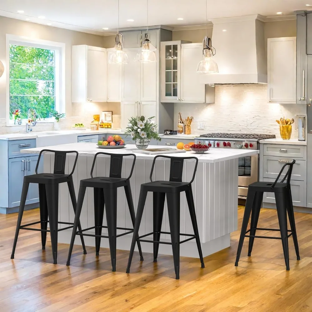 مقاعد بار معدنية، مقاعد بار ذات ارتفاع مضاد مع ظهر منخفض، كراسي بار صناعية حديثة للمطبخ (أسود غير لامع #6