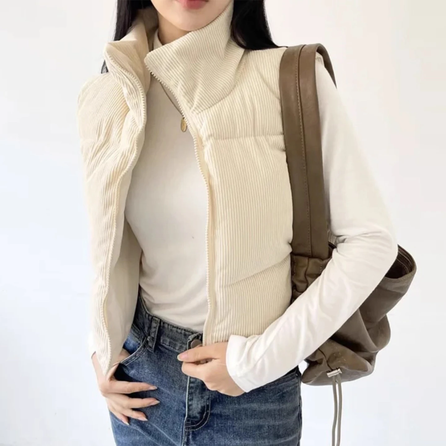 

Однотонный вельветовый хлопковый жилет с воротником в стиле ретро, женский свободный крой, зимний новый универсальный воротник, верхняя застежка-молния