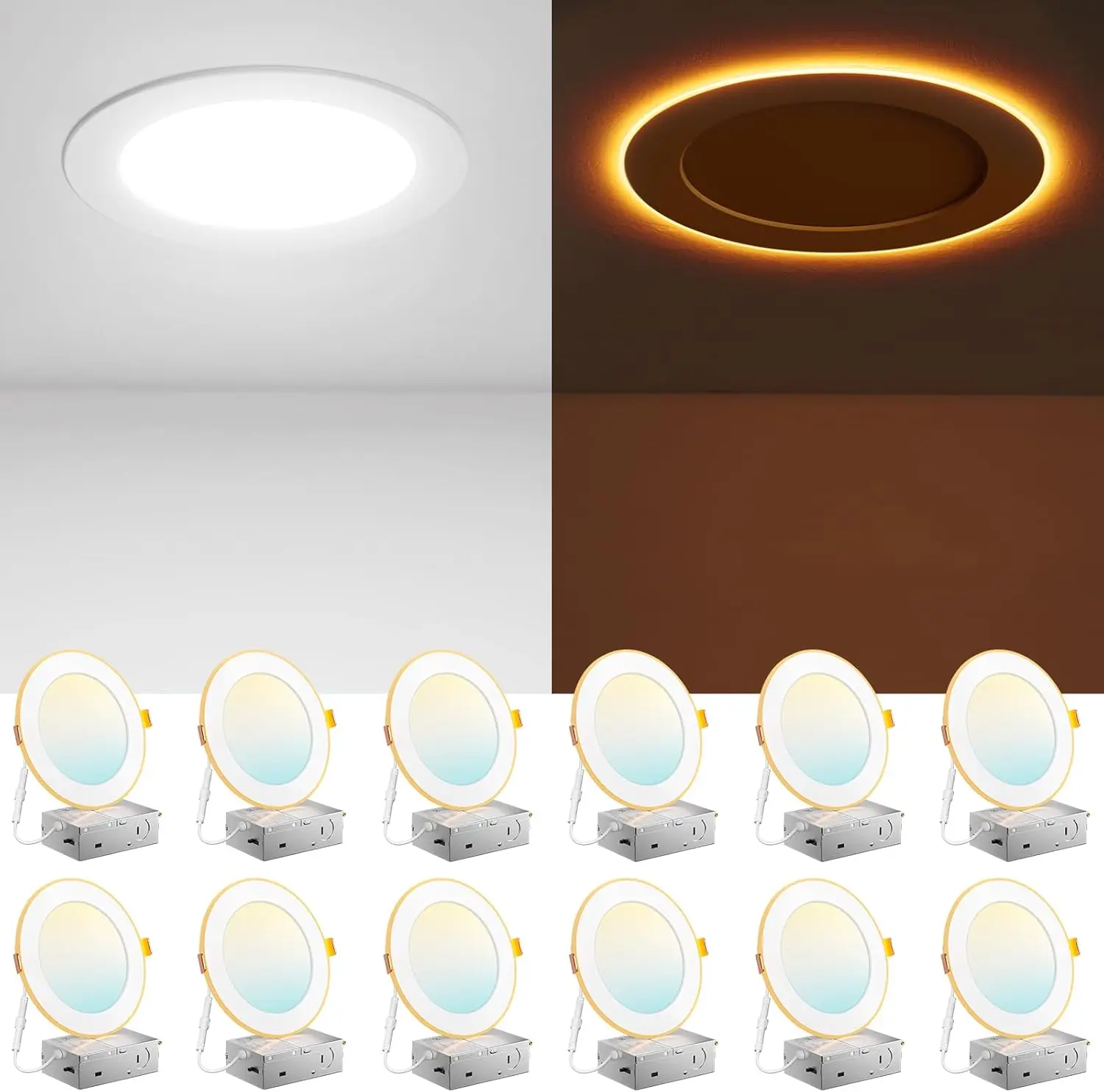 12 pacotes de luz de teto embutida LED de 6 polegadas com luz noturna, 5 temperaturas de cor, design ultrafino regulável, certificado ETL
