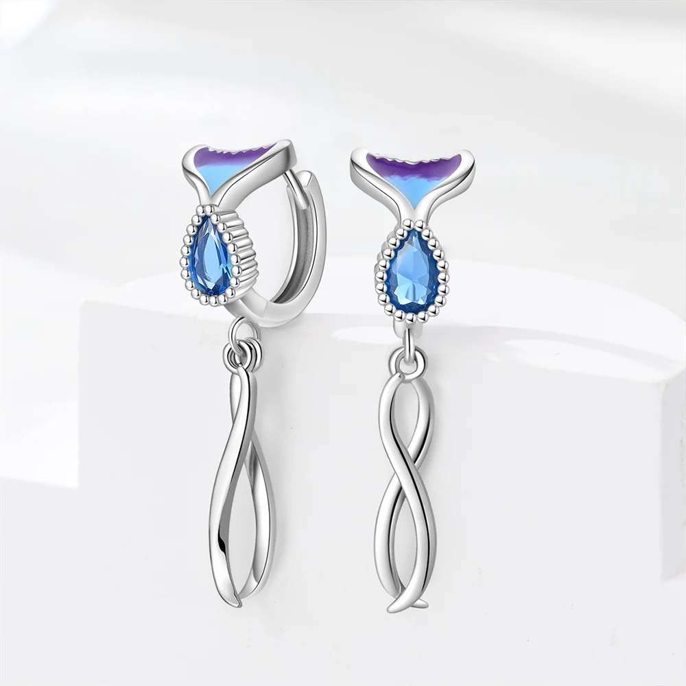 

925 Silver Blue Ocean Series Fishtail Tassel Earrings Shellfish Starfish Hoop Earring for Women's Party Jewelry Exquisite Gifts