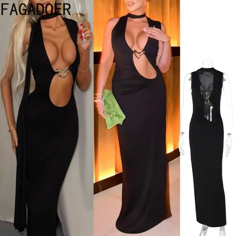 

FAGADOER Sexy Hollow Out Bodycon Long Dress Women Halter Sleeveless Metal Patchwork Bodycon Dresses Female Streetwear Vestidos