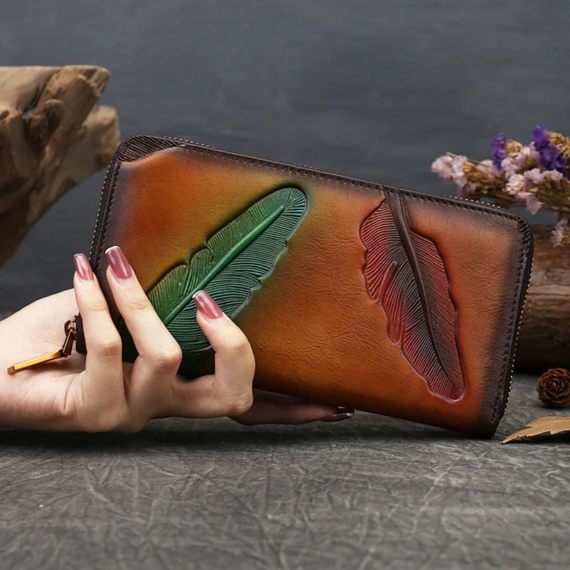 

Women Genuine Leather Long Wallet Purse Clutch Bag Credit ID Card Cash Holder Retro Female Natural Skin Zipper Money Bags