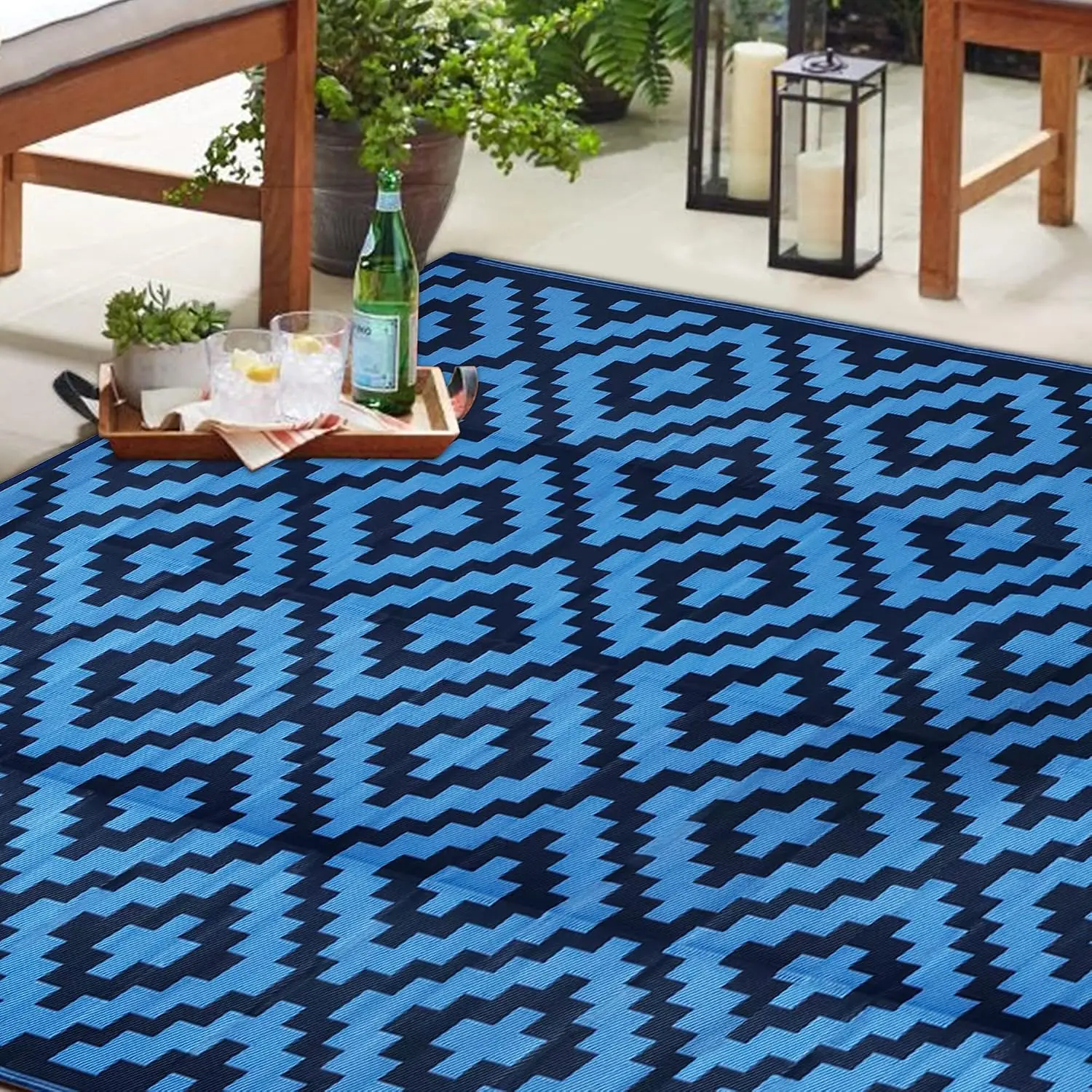 Waterproof Outdoor Rug 9x18 ft, Plastic Reversible Rug, Modern Area Rug, Large Floor Mat for Outdoors, RV, Patio, Backyard, Deck, Picnic, Beach, Camping, Blue