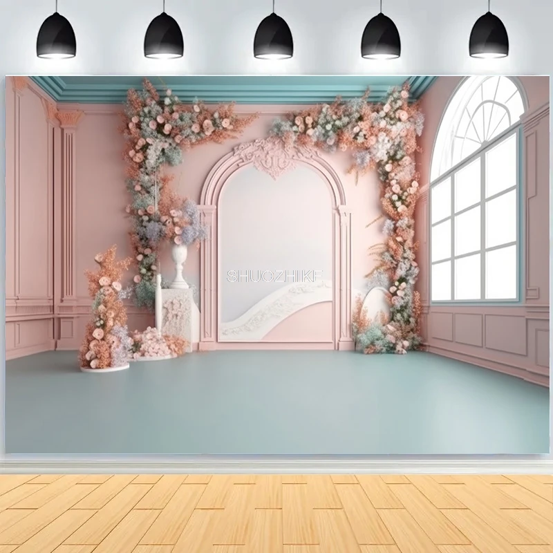Fantasie Bruiloft Podium Fotografie Achtergronden Bloem Boog Achtergrond Banner Interieur Gordijn Versierd Fotostudio Props SG-04