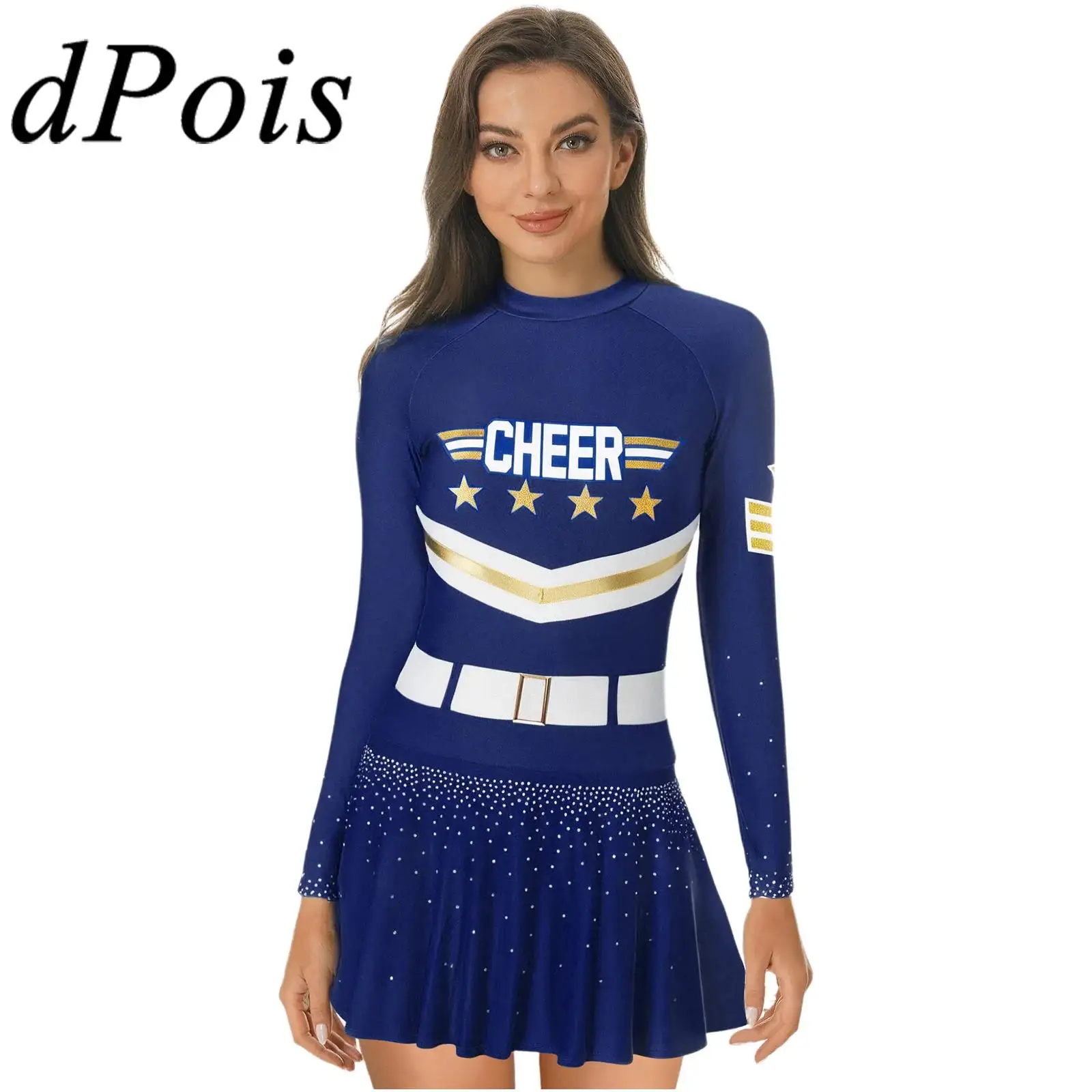 

Women Fashion Letter Star Stripe Printed Cheer-leading Dress Uniform for Halloween Cosplay Cheerlead Glittery Rhinestone Outfit