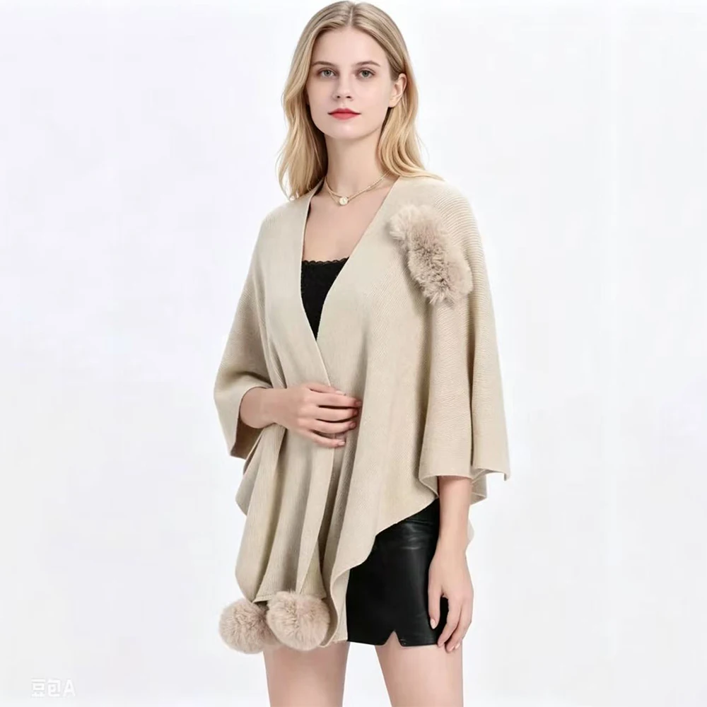 

Jxwatcher Women's Knit Shawl Cardigan with Fur 2026 Fall Winter New Arrival Poncho Batwing Sleeve Sweater Cape Fashion Knitwear