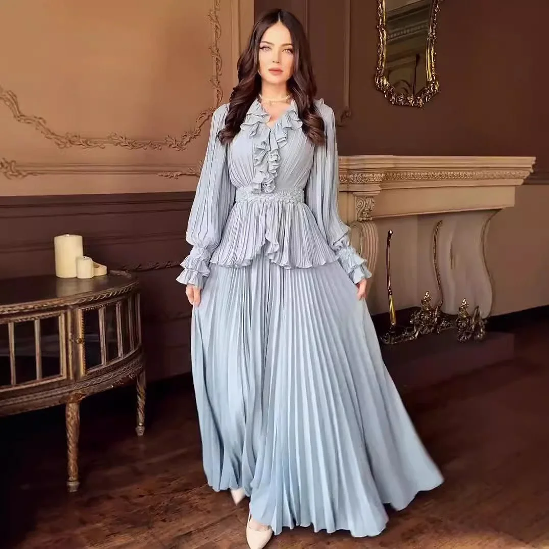 맞춤형 우아한 쉬폰 a 라인 프릴 진주 단추 아플리케 이브닝 드레스 고품질 긴 소매 연예인 가운