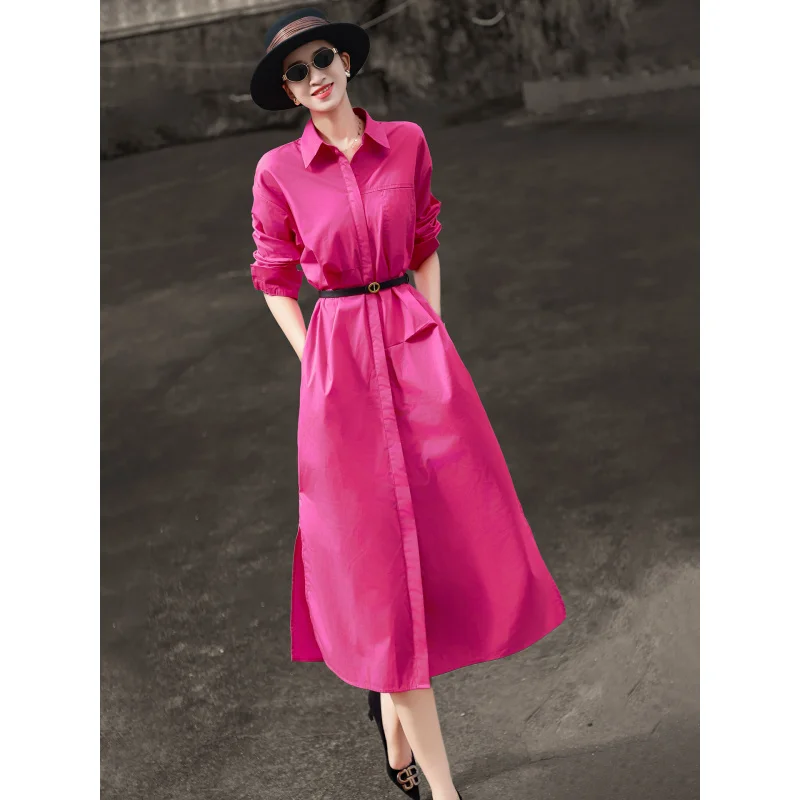 

MEXCOCO 2026Spring new stylish casual commuter dress with a turn-down collar, long sleeves, and a cinched waist