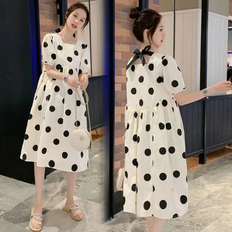 Maternity Fashion Summer Dress Outdoors High-end Fresh Dotty Skirt Loose-fit Medium-length Summer Dress