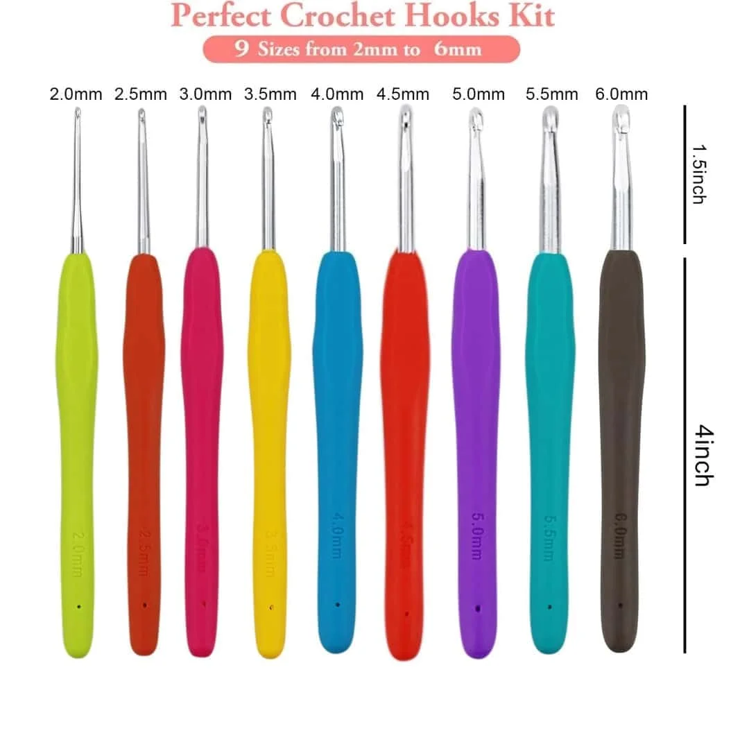 Ergonomic Crochet Hooks 9/14 Sizes 2-6mm/2-10mm Color Coded Size Marked Set with Yarn Needles Stitch Markers Tape