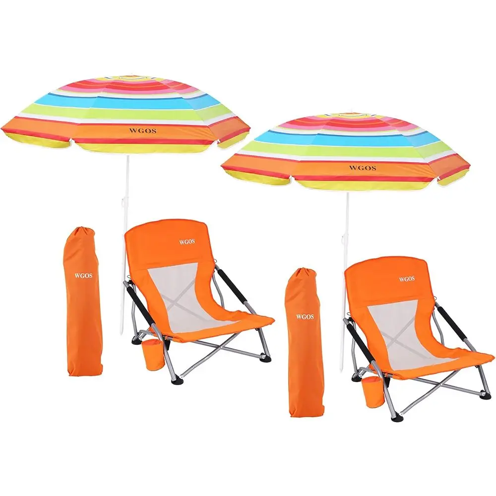 

Portable Folding Beach Chairs with Umbrella, Cup Holder, and Carry Bag - Heavy Duty Outdoor BBQ Set (2-Pack Orange)
