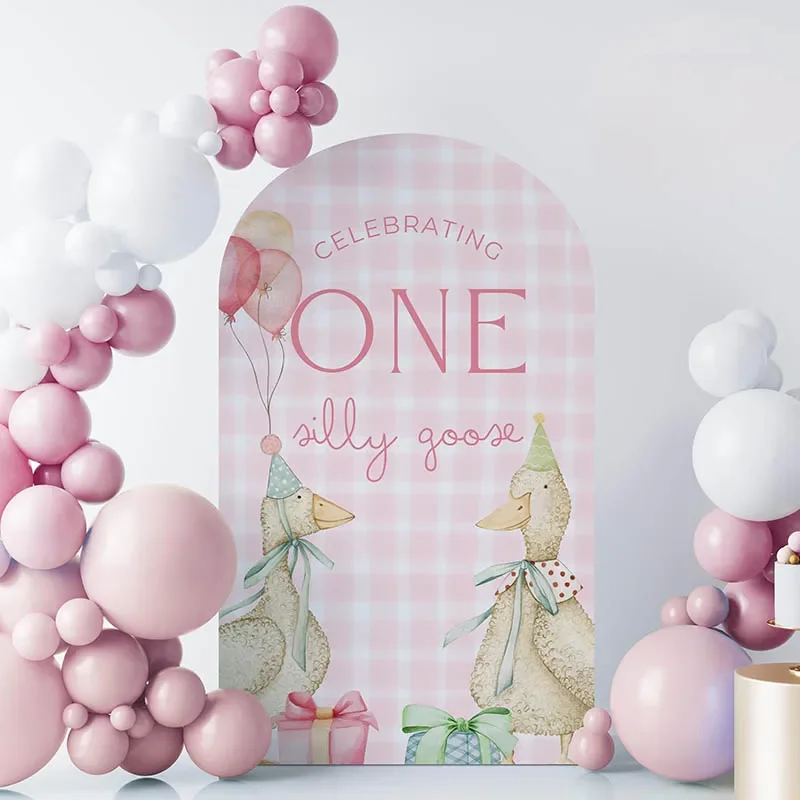 Mehofond Kustom 2 Sisi Kotak Merah Muda Satu Angsa Anak-anak Pesta Ulang Tahun Pertama Baby Shower Meliputi Lengkungan Dinding Latar Belakang Dekorasi Latar Belakang